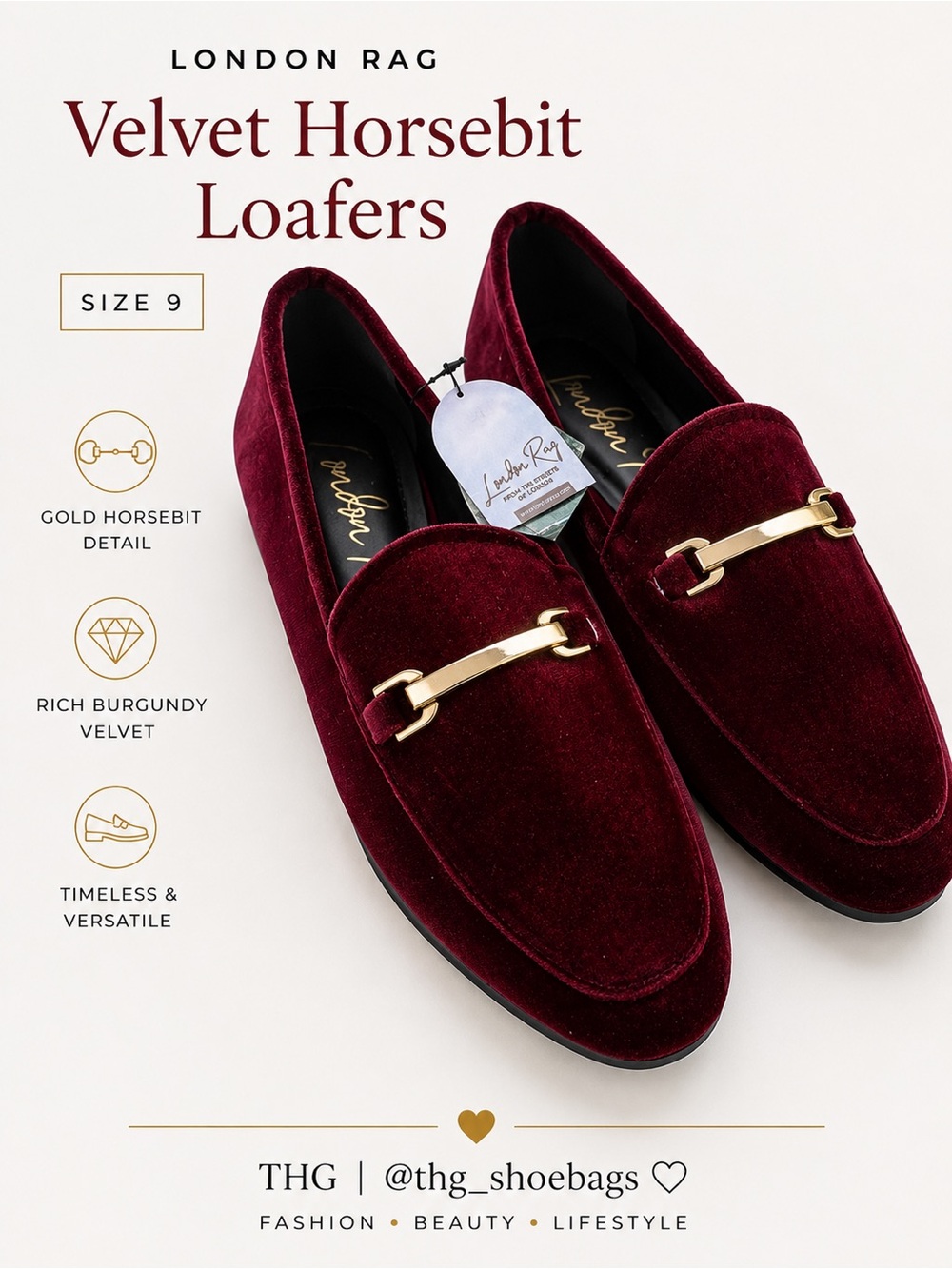 NWT London Rag Burgundy Velvet Horsebit Loafers Size 9 Gold Hardware